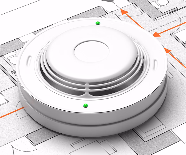Smoke detector above a building floor plan